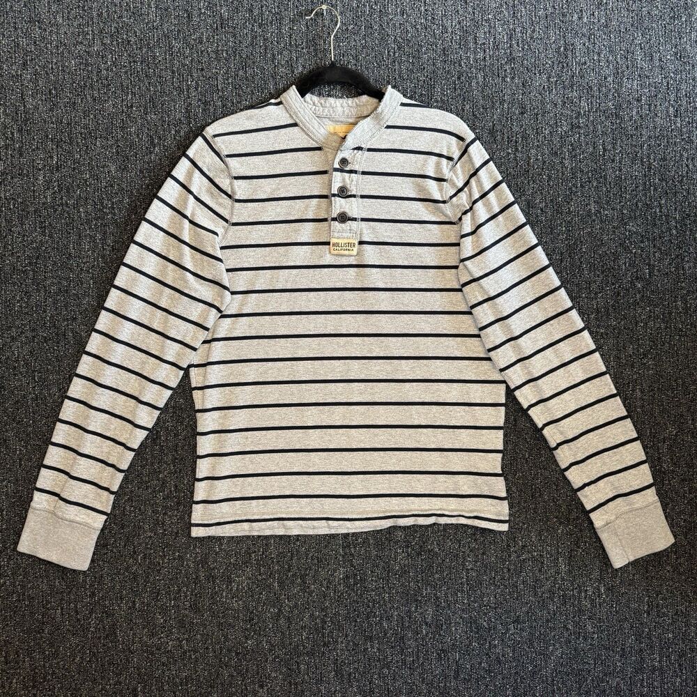 VTG Hollister Men's Sz XL Long Sleeve Henley Shirt Gray Black Striped Cotton Y2K